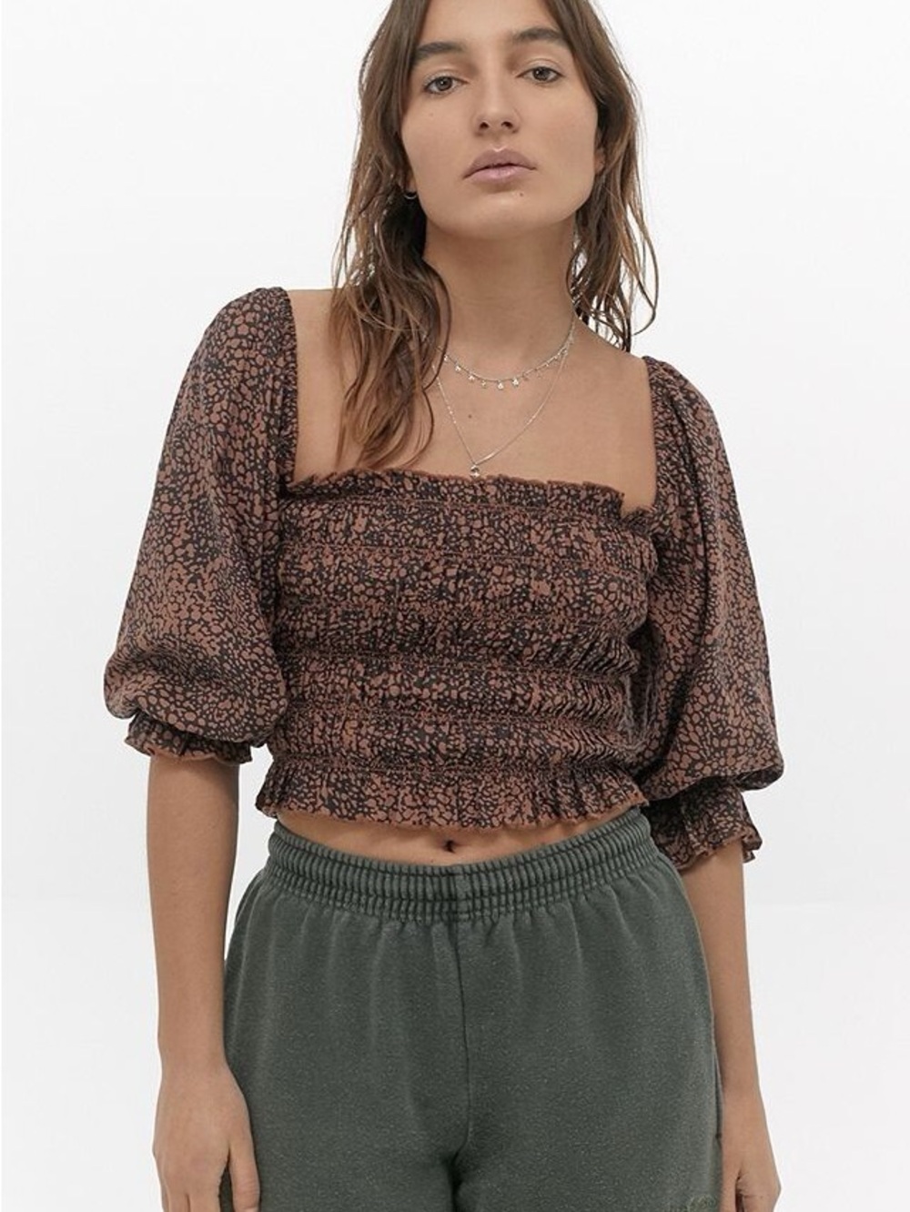 Urban Outfitters Brown Animal-Print Smocked Off-Shoulder Crop Top